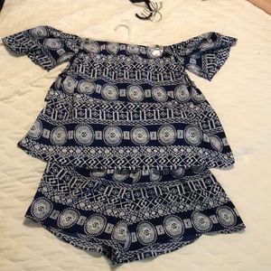 Navy and white off-the-shoulder romper